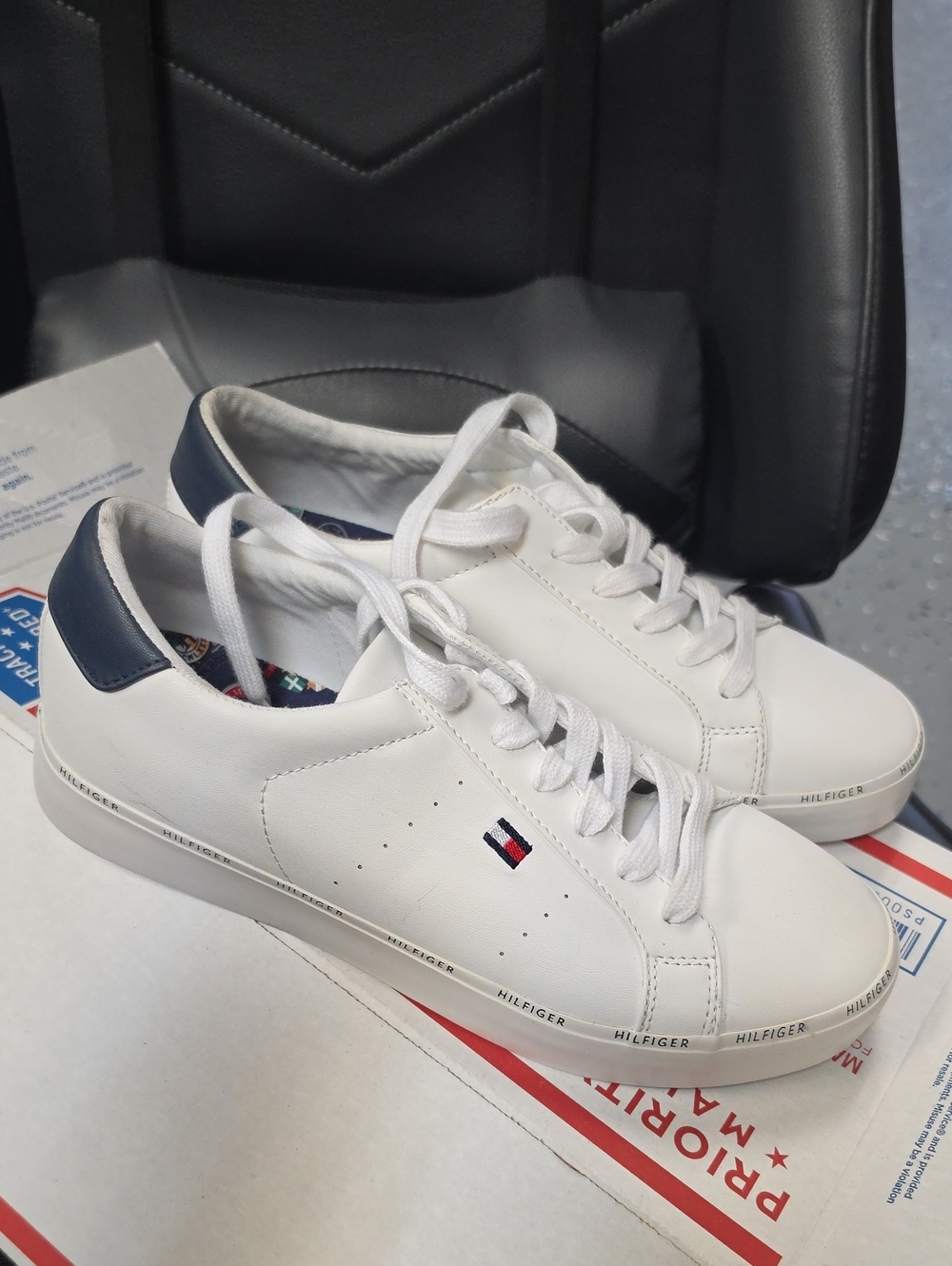 Tommy Hilfiger White Leather Sneakers with Navy Heel Tab